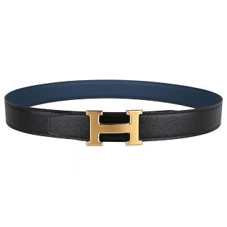 【Hermes 愛馬仕】HERMES 經典H LOGO磨砂金釦小牛皮雙麵皮帶(黑x普魯士藍)
