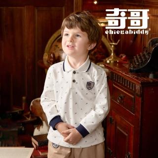 【奇哥】比得兔 男童裝 英倫比得胡蘿蔔造型圖騰長袖POLO衫/上衣(6-8歲)