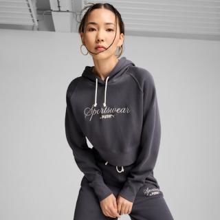 【PUMA】長袖上衣 女款 帽T 運動 短版 歐規 Classics+ 灰 62655969