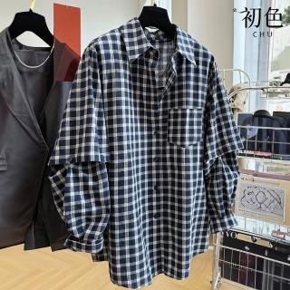【初色】港風復古拼接小格紋寬鬆翻領長袖襯衫上衣女上衣-藏藍色格紋-38516(M-2XL可選)