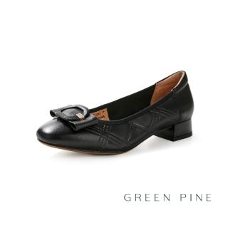 【GREEN PINE】簡約蝴蝶結牛皮粗跟鞋黑色(00315620)