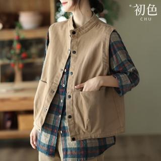 【初色】復古風寬鬆純色斜紋單排釦按扣口袋圓領無袖馬甲背心女背心-共3色-38530(M-2XL可選)