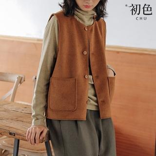 【初色】日系復古風純色毛呢木紋釦雙口袋外搭寬鬆馬甲背心女背心-共2色-38537(M-2XL可選)