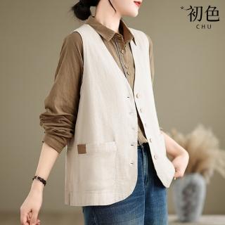 【初色】棉麻風純色V領無袖單排釦口袋短款背心外套女外套-共3色-33790(M-2XL可選)