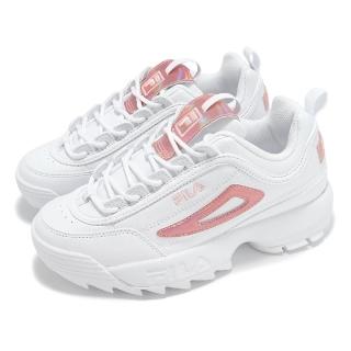 【FILA】休閒鞋 Disruptor II 女鞋 白 粉 厚底 增高 皮革 鋸齒底 老爹鞋 斐樂(5C609Y154)