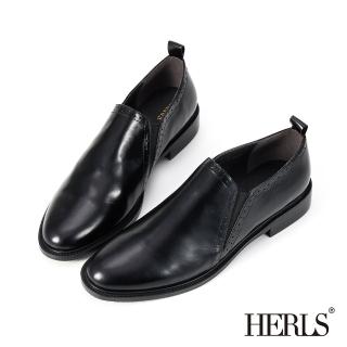 【HERLS】樂福鞋-英倫光澤全真皮沖孔滾邊低跟樂福鞋(黑色)