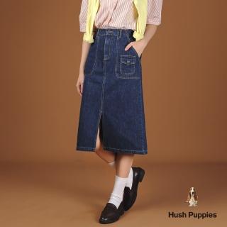 【Hush Puppies】女裝 長裙 工裝口袋前開岔牛仔中長裙(深藍 / 44223104)
