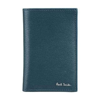 【Paul Smith】PAUL SMITH銀字LOGO內外拼色牛皮直立式6卡對折小短夾(海軍藍x內裡酒紅x橘x多色)