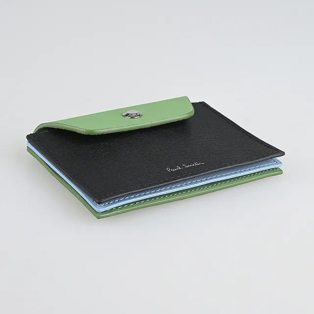 【Paul Smith】PAUL SMITH簽名燙印LOGO拉絲紋牛皮3卡壓釦式卡夾包(黑x草綠x淺藍x多色)