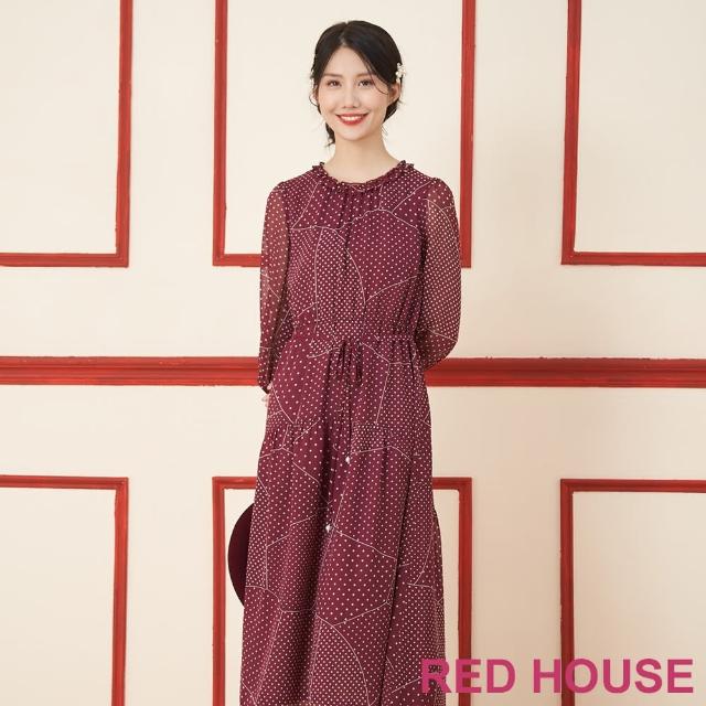 【RED HOUSE 蕾赫斯】幾何點點印花雪紡長洋裝(紅色)