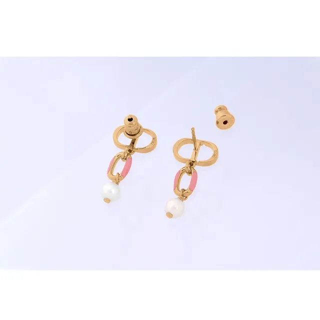 【Dior 迪奧】Dioriviera Petit CD 亮漆垂墜珍珠針式耳環(金色/珊瑚橘)
