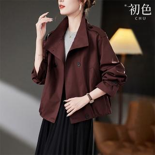 【初色】純色簡約休閒寬鬆百搭翻領長袖短款夾克風衣外套女外套-共3色-38481(M-3XL可選)