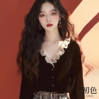 【初色】法式蕾絲拼接V領單排扣寬鬆長袖休閒襯衫上衣女上衣-黑色-38460(M-2XL可選)