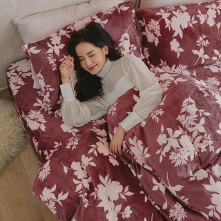 【翔仔居家】極緻柔暖法蘭絨被毯冬被床包4件組(紅椿-雙人)