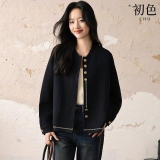 【初色】小香風短款圓領長袖金色排釦飾條棒球外套女外套-黑色-38491(M-2XL可選)