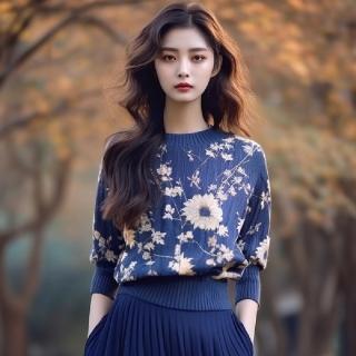 【ONEY 歐妮】★優雅針織印花藍色毛衣(上衣/女裝/毛衣/休閒/百搭)