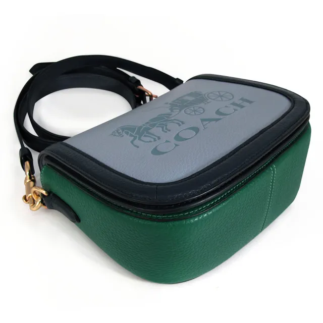 【COACH】壓印大馬車LOGO撞色皮革翻蓋斜背包(綠/藍色)
