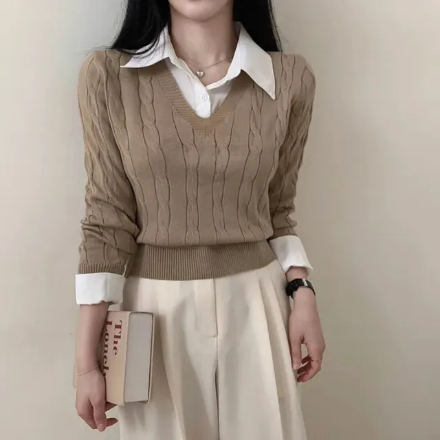 【D.studio】韓版學院風假兩件針織上衣(毛衣長袖上衣女裝衣服長袖t恤保暖上衣冬裝發熱衣襯衫  W467)