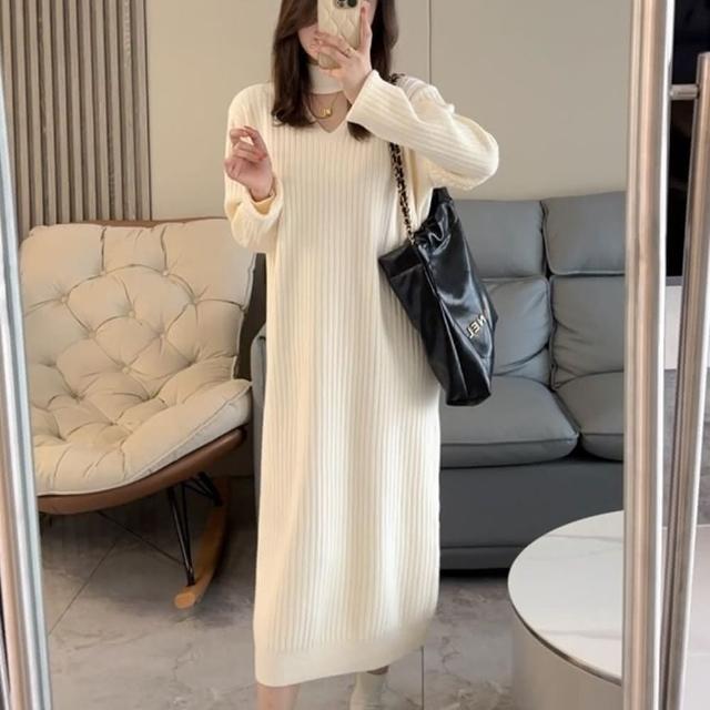 【巴黎精品】現貨+預購 洋裝針織連身裙(長袖韓系V領寬鬆女裙子3色w1ae14)