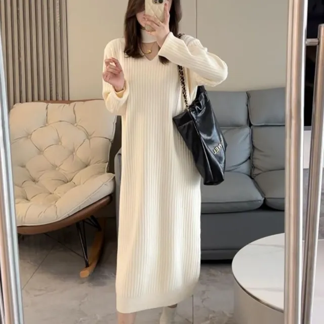 【巴黎精品】現貨+預購 女洋裝針織連身裙大尺碼長裙連衣裙A字裙休閒大碼女裝(長袖V領寬鬆女裙子3色w1ae14)