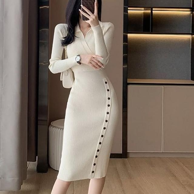 【巴黎精品】現貨+預購 洋裝針織連身裙(長袖時尚翻領包臀女裙子5色w1ae13)