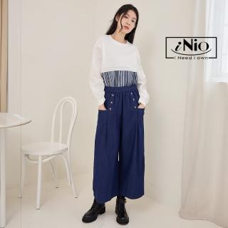 【iNio 衣著美學】長褲 秋冬新品 現貨 丹寧風 雙口袋 鬆緊腰 牛仔寬褲(CDW2737)