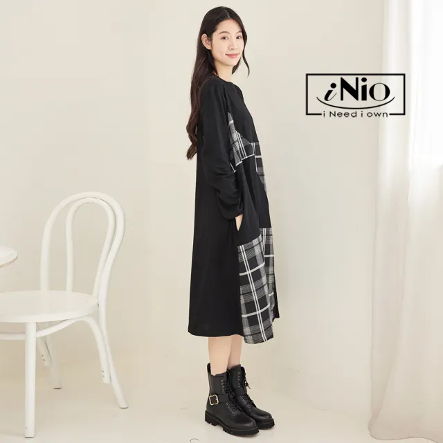 【iNio 衣著美學】洋裝 秋冬新品 現貨 撞色 條紋拼接 長袖 連身裙(CDW3701)