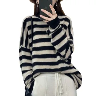 【巴黎精品】現貨+預購 100%羊毛毛衣長袖針織衫(保暖慵懶風拼色條紋圓領女上衣1色a1id54)