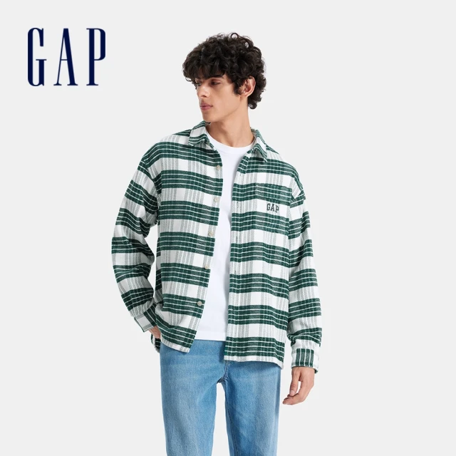 GAP 男裝 Logo刺繡翻領長袖襯衫-綠色(678522)