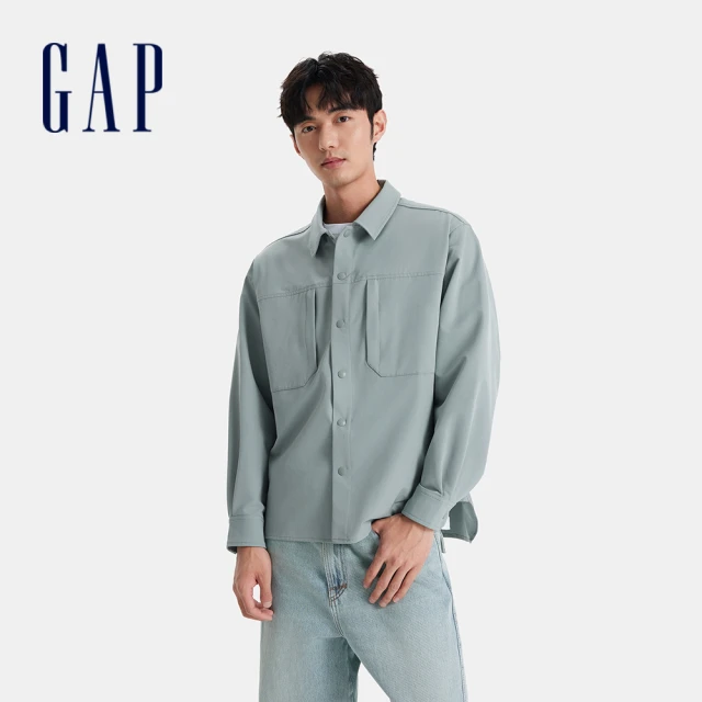 GAP 男裝 Logo翻領長袖襯衫-淺綠色(678493)