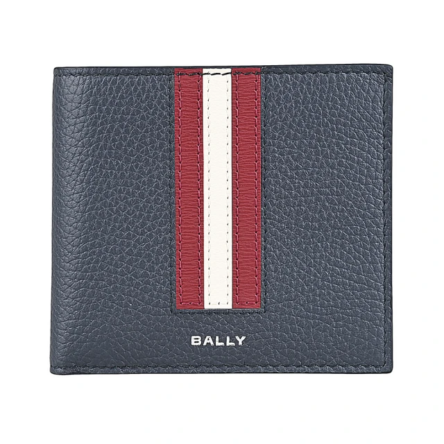 BALLY BALLY Ribbon燙印銀色LOGO牛皮紅白紅拼色8卡對開式零錢短夾(男款/午夜藍)