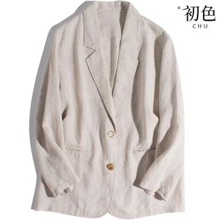 【初色】文藝風素色寬鬆西裝領長袖西服外套女外套-共6色-38527(M-2XL可選)