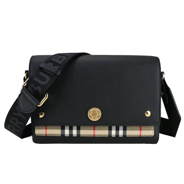 【BURBERRY 巴寶莉】Horseferry小牛皮格紋帆布飾邊斜背包(黑色)
