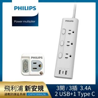 【Philips 飛利浦】超值組-3開3插 3.4A 2USB+Type C延長線1.8米+1開1壁插(CHP4736+CHP3010W)