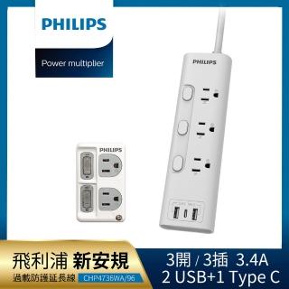 【Philips 飛利浦】超值組-3開3插 3.4A 2USB+Type C延長線1.8米+2開2壁插(CHP4736+CHP3020W)