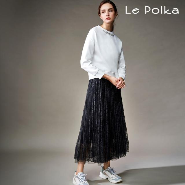 【Le Polka】彈性腰頭百褶蕾絲長裙-女