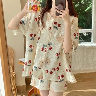 【K.W.】現貨韓國櫻桃棉睡衣蕾絲碎花短袖短褲大碼家居服套裝(共1色)