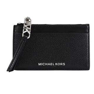 【Michael Kors】簡約金屬LOGO皮革信用卡證件名片零錢包(黑銀)