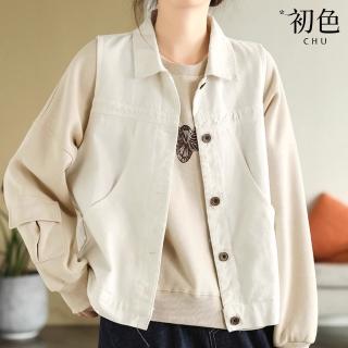 【初色】復古風水洗棉壓褶無袖單排釦翻領馬甲外套女外套-共4色-38524(M-2XL可選)