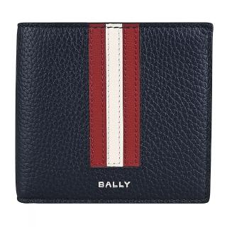 【BALLY】BALLY 銀字燙印紅白條紋粒面小牛皮8卡短夾(海軍藍)