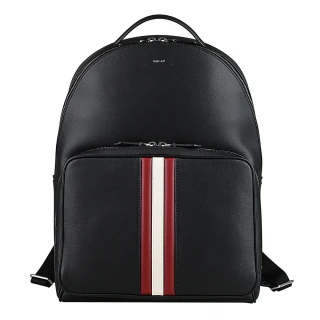 【BALLY】BALLY Mythos銀字燙印紅白條紋塗層皮革後背包(黑)