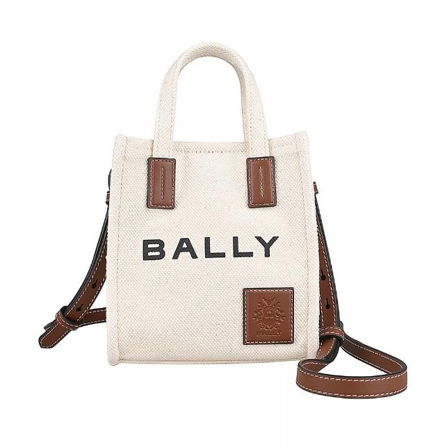 【BALLY】BALLY Akelei黑字LOGO帆布磁釦式手提/斜背托特包(迷你/自然白x淺棕)