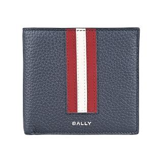 【BALLY】BALLY Ribbon銀箔字LOGO荔枝紋牛皮直條設計8卡對折短夾(男款/午夜藍)