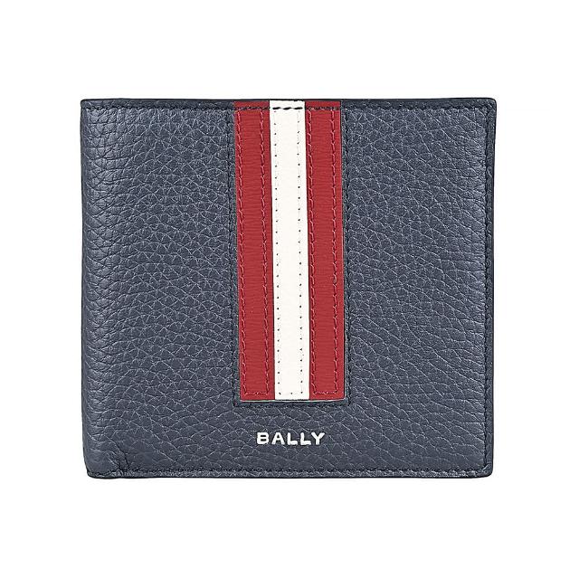 【BALLY】BALLY Ribbon銀箔字LOGO荔枝紋牛皮直條設計8卡對折短夾(男款/午夜藍)