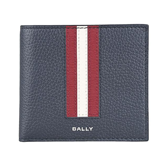 【BALLY】BALLY Ribbon燙印銀色LOGO牛皮紅白紅拼色8卡對開式零錢短夾(男款/午夜藍)