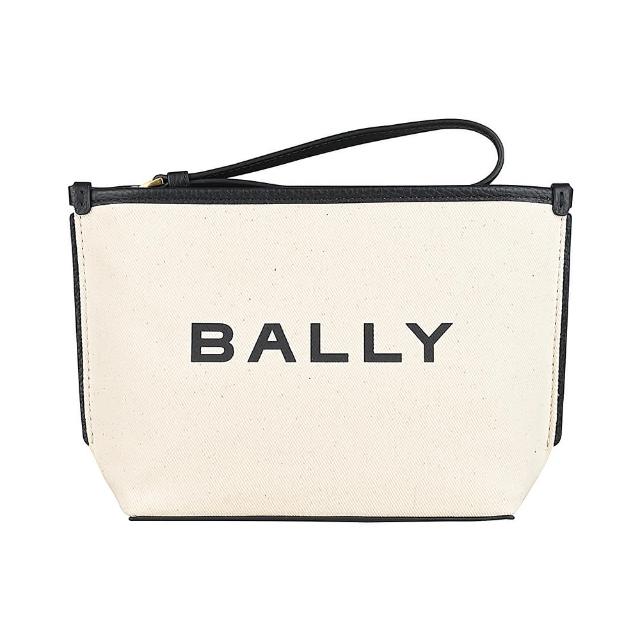 【BALLY】BALLY黑字LOGO帆布拉鍊手拿包(米x黑)