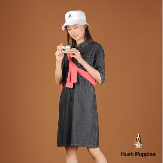 【Hush Puppies】女裝 洋裝 排釦修身半開襟抽繩牛仔洋裝(黑色 / 44215101)