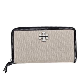 【TORY BURCH】TB Thea 新款 帆布材質附鍊條證件卡拉鏈長夾(卡其黑邊/贈原廠紙袋母親節送禮)