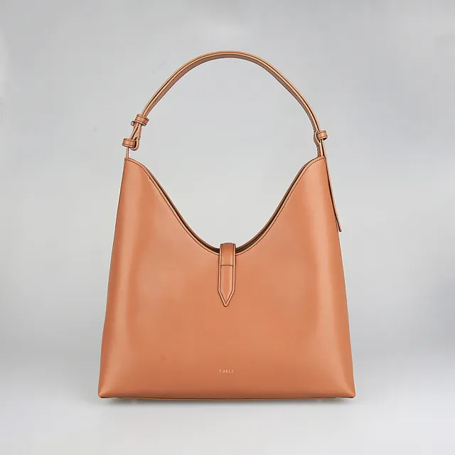 【FURLA 芙拉】FURLA GOCCIA燙印LOGO小牛皮肩背包(白蘭地棕)