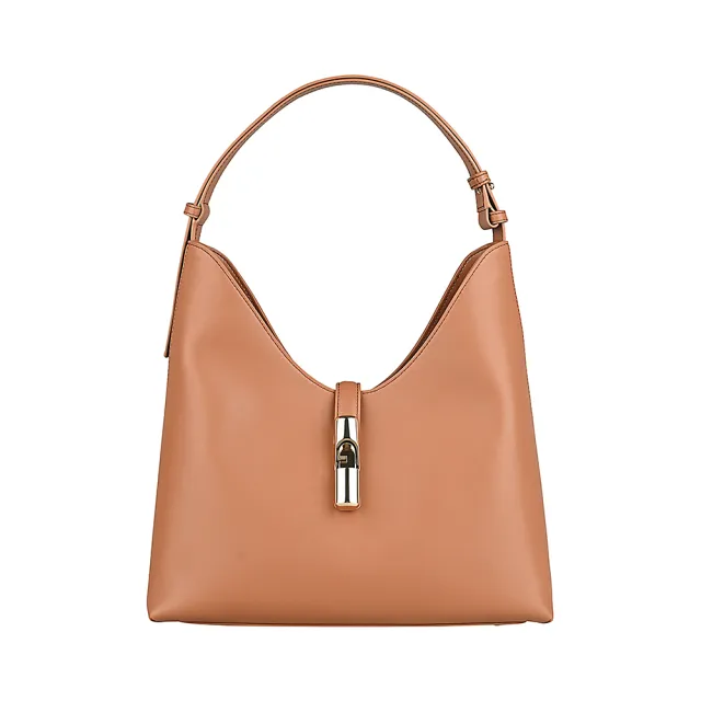 【FURLA 芙拉】FURLA GOCCIA燙印LOGO小牛皮肩背包(白蘭地棕)